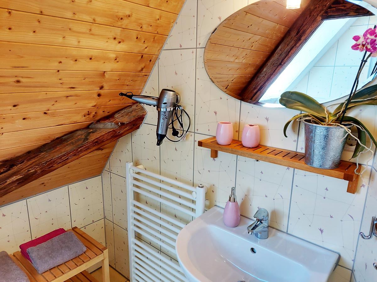 Ferienhaus Schrammsteinblick - Ferienwohnung3 - Badezimmer mit Waschbecken und Fön
