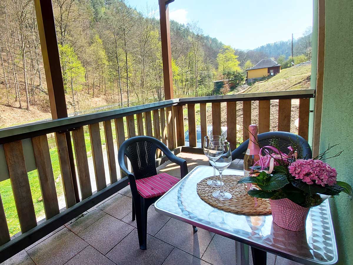 Ferienhaus Zum Kirnitzschtal - Ferienwohnung1 - Wohnzimmer mit Balkon